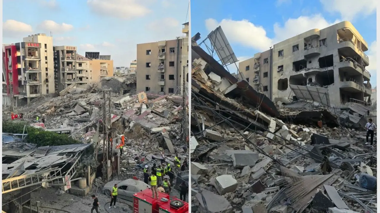 First responders gather at the site of an Israeli strike that hit near a hospital in the southern Lebanese city. Pic/AFP